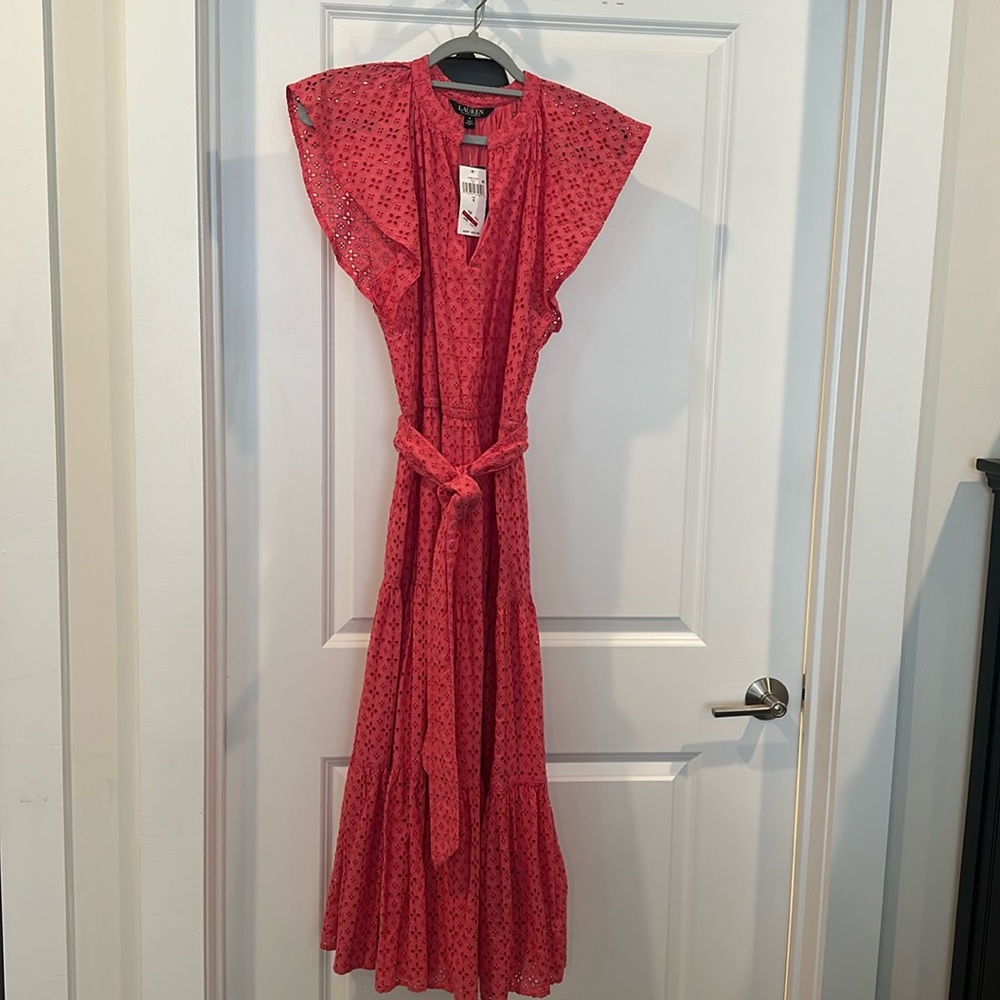 Ralph Lauren Eyelet maxi dress NWT cotton, fully lined Raspberry size 6